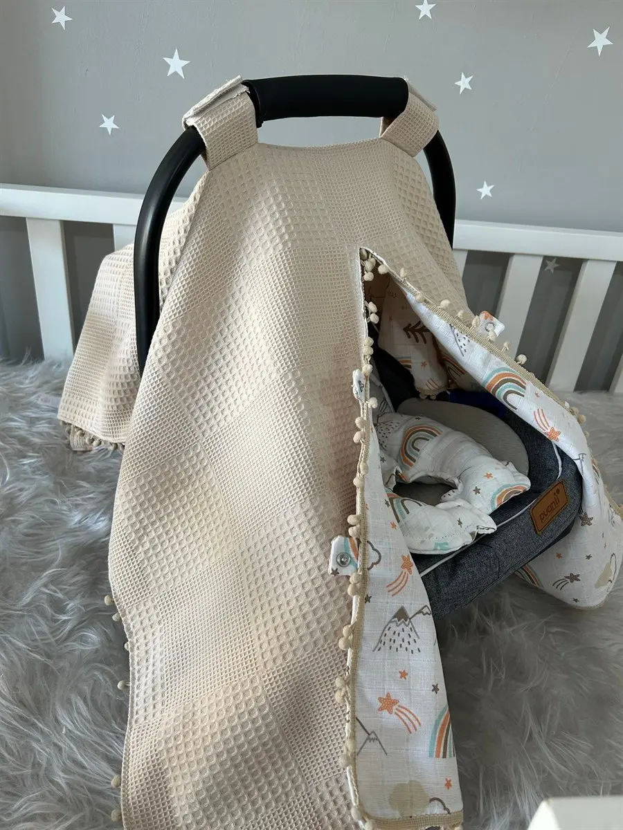 Handmade Coffee Waffle Pique and Muslin Mountain Pattern Design Double Sided Pompom Stroller Cover and Stroller Cushion