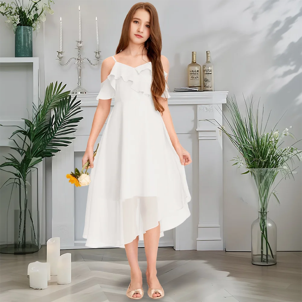 Un lujoso vestido de dama de honor junior con hombros descubiertos, vestido de niña de flores con neblina dorada, gasa asimétrica con volantes en cascada para boda