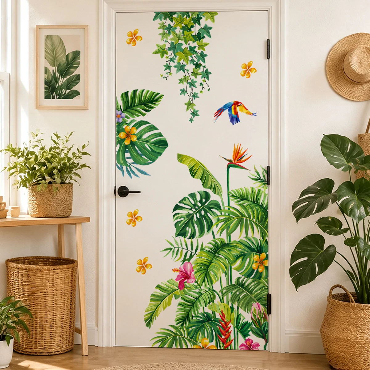 Tropical Plants Door Stickers Palm Leaves Wall Decals Parrot Hanging Ivy Floral Wall Stickers for Living Room Bedroom Home Decor