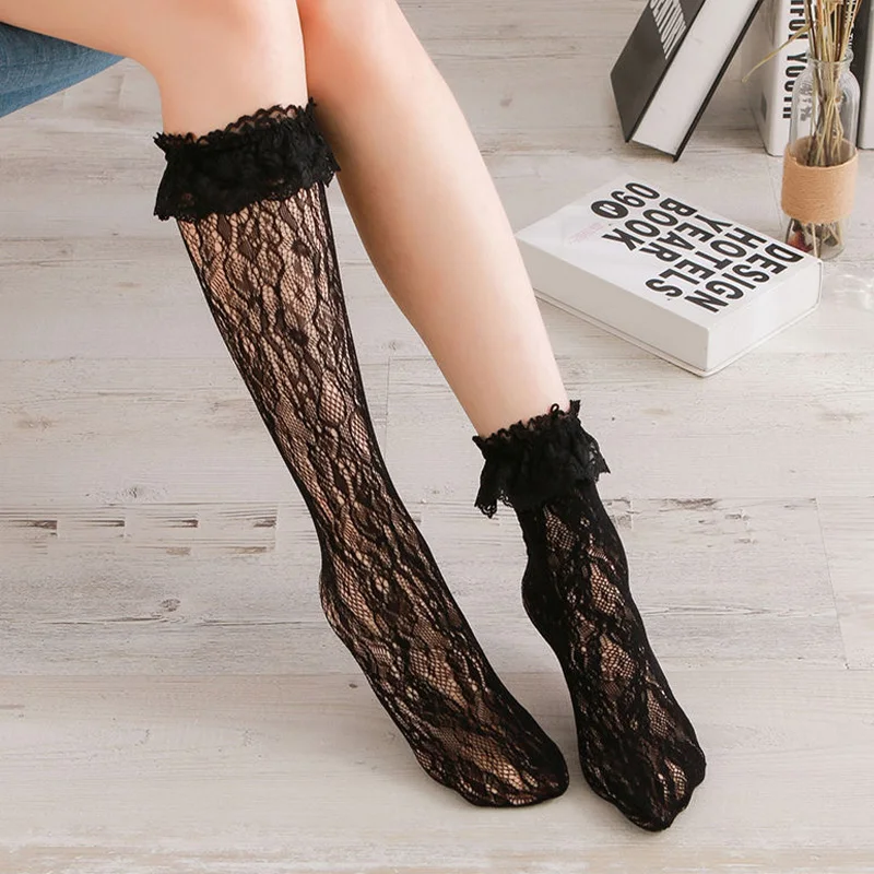 JK Girls Lolita Socks Women's Stockings Girls Over The Knee Socks Long Socks Lace Japanese Stockings Cute Solid Color Socks