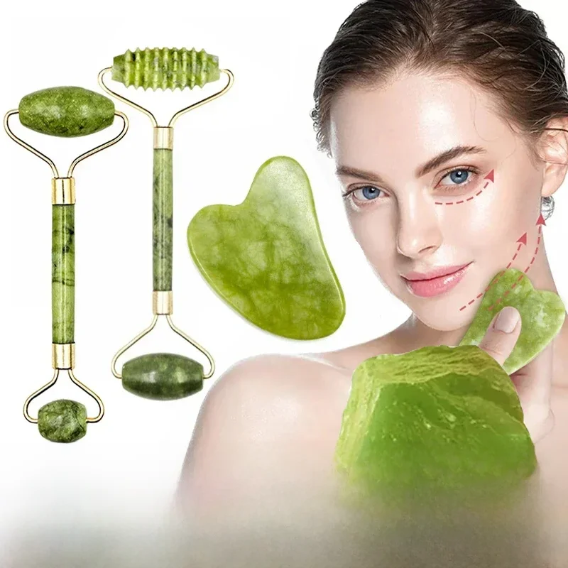 Natural Stone Guasha Massage Tool Set, rolo de jade, rosto, SPA, corpo, rosto visível e visível