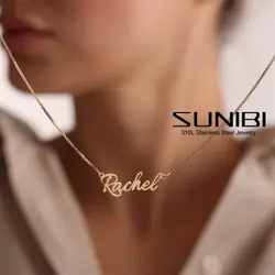 SUNIBI Customized Name Stainless Steel Necklace for Women Personalized Letter Gold Plated Choker Necklace Pendant Nameplate Gift