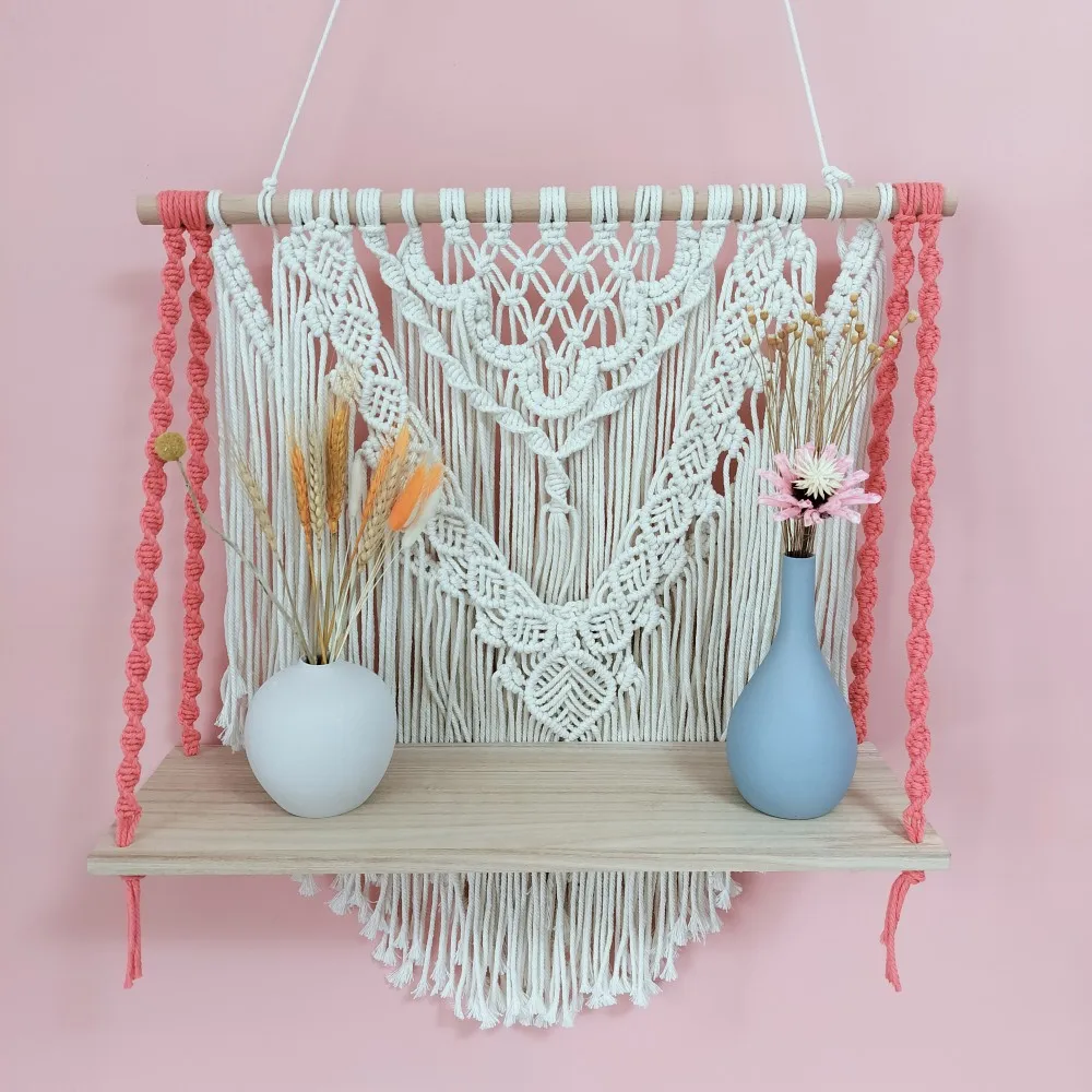 

Leaf Patterns Macrame Hanging Shelf Bedroom Living Room Wall Floating Shelf Boho Arts Crafts Display Stand Rustic Plant Hanger