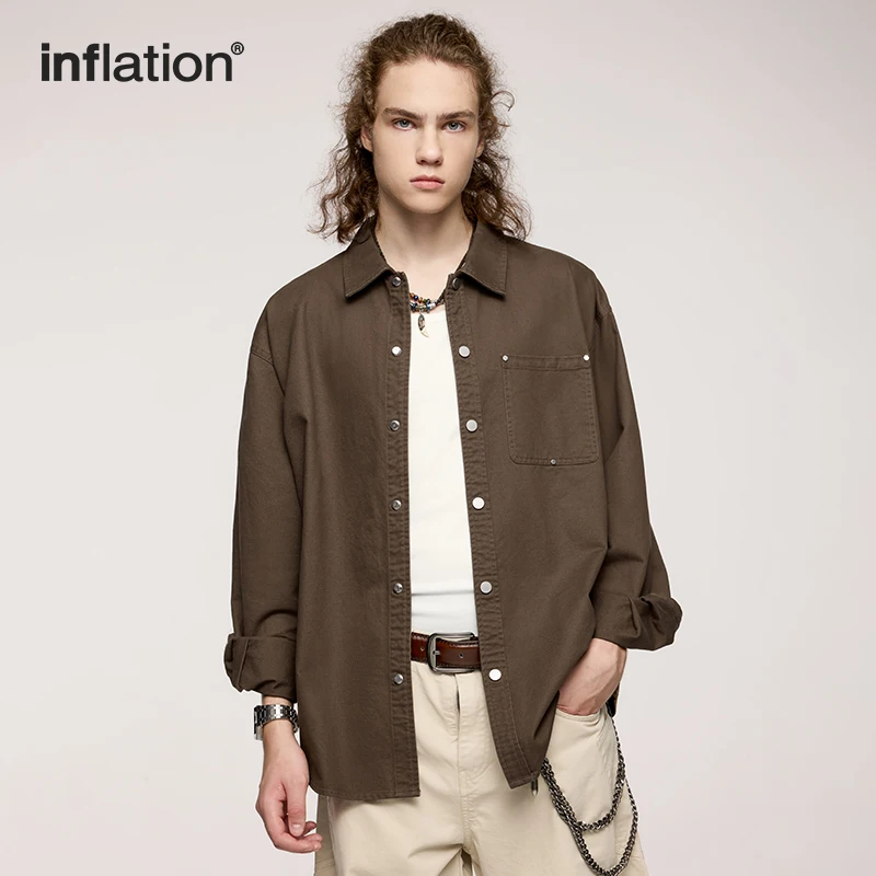 INFLATION Men's Shirts 100% Cotton Vintage Solid Color Turn-down Collar Male Shirt Jacket