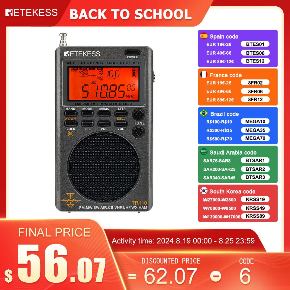 

Retekess TR110 Radio FM Receiver Portable SSB Shortwave Radios AM FM All Waves Band CB AIR Band Ham Radio SW MW LSB VHF UHF NOAA