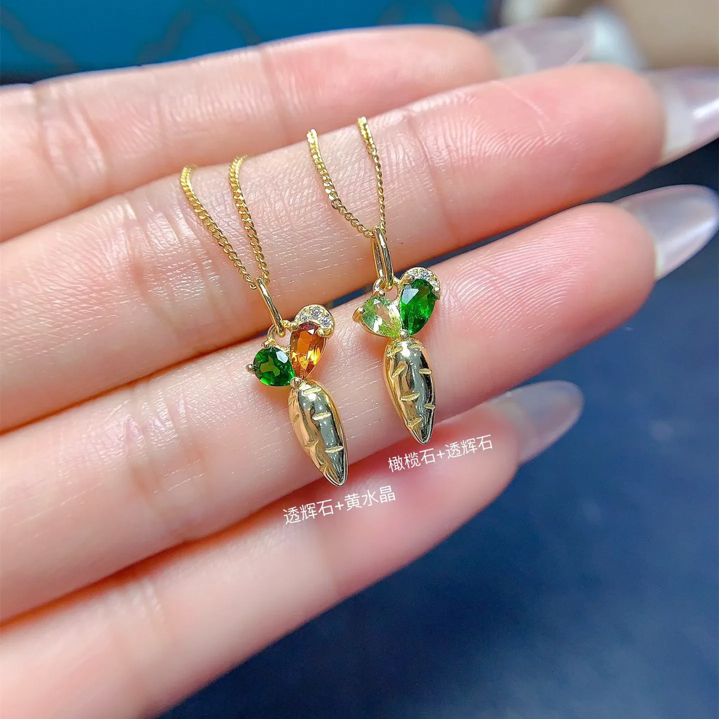 KJJEAXCMY girls' 3x5mm 3x4mm pure natural yellow crystal diopside olivine necklace pendant 925 pure silver electroplated gold