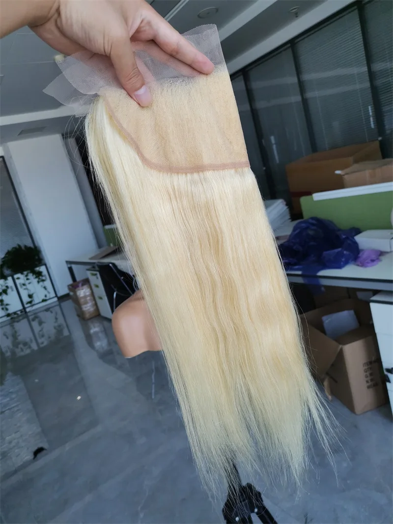 #613 Lace Frontal 13*4 Transparent Lace Straight Bleach Blonde Pre-plucked 13x4 Frontals Hand Tied Brazilian Hair 16 Inch