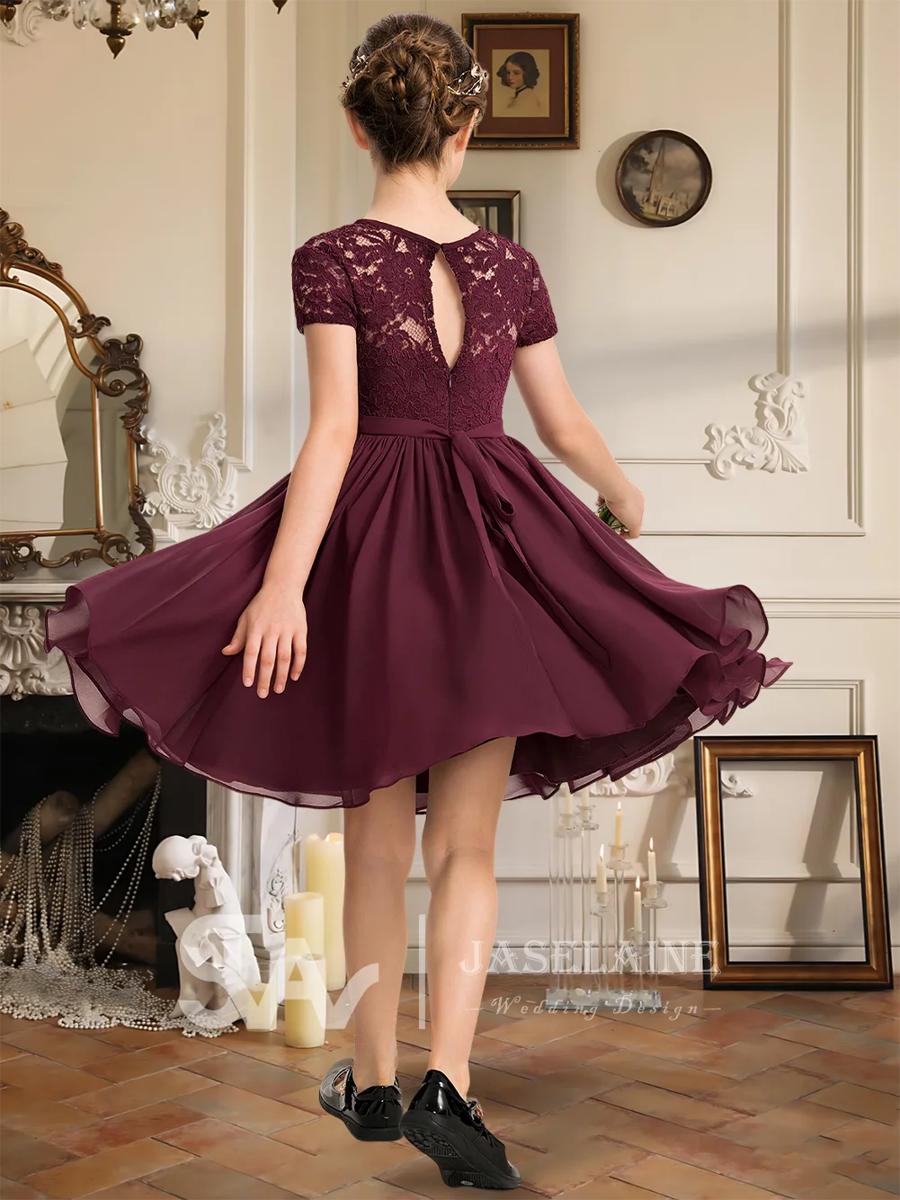 

A A Line Scoop Junior Bridesmaid Dress With Bow Flower Girl Dress Lace Chiffon Knee Length Short Sleeve Formal Wedding Party