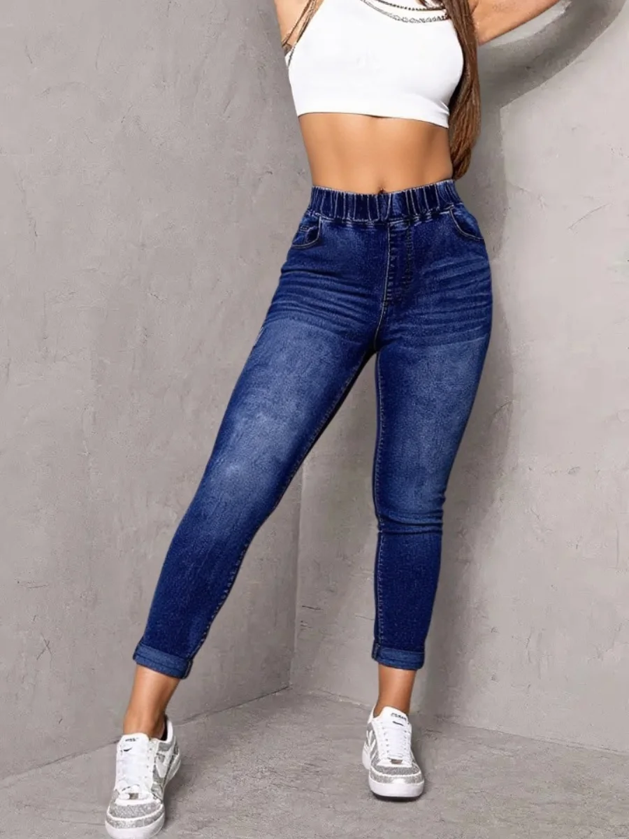 【HME】กางเกงยีนส์เดนิมขายาวหรูหราสำหรับผู้หญิง - ความยืดหยุ่นสูง สีทึบ ทอ ความยาวเต็ม กระชับพอดีพร้อมรายละเอียดปุ่ม