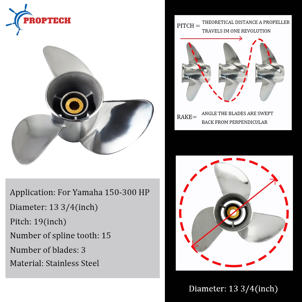 Stainless Steel Propeller For Yamaha 150 175 200 225 250 300hp 13 3/4x19 Outboard Motor 3 Blade 15 Spline 6G5-45974-03-00