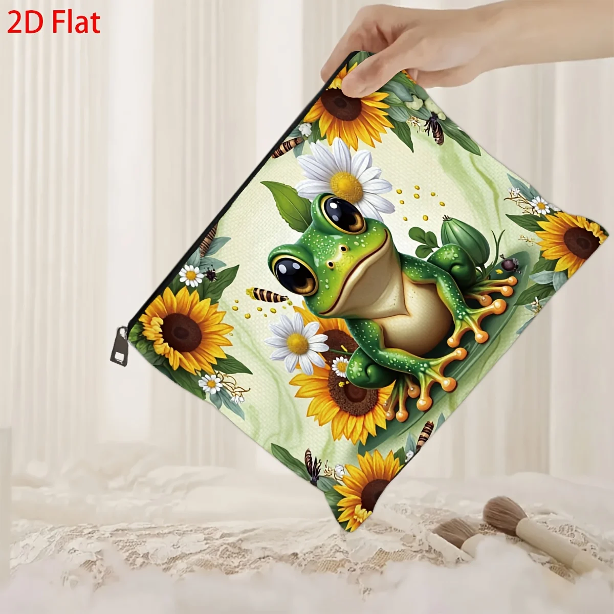1Pc Cute Green Frog with Floral Vintage Design Multifunctional Travel Makeup Bag, Snack Storage Bag, Stationery Storage Bag, Fashionable Toiletry Bag, Canvas Double-Sided Printed Zipper Pouch