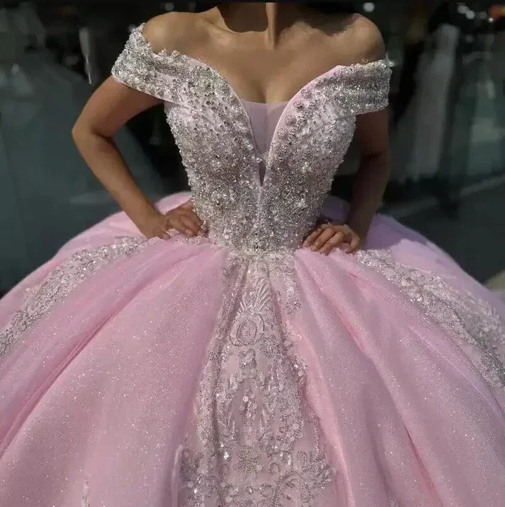 CloverBridal Free Customize Off Shoulder Glitter Tulle Pearls Gems Rhinestones Beaded Pink Ball Gown WQ9650