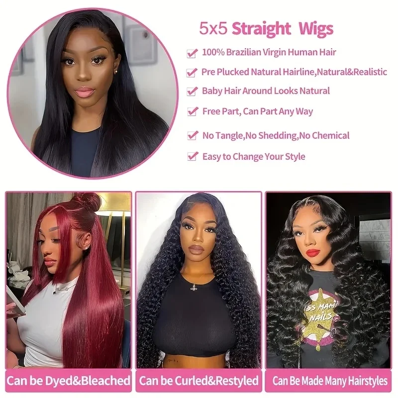 200 Dichte, knochengerade, 76,2 cm, Echthaar-Spitze-Frontal-Perücken, vorgezupfte, leimlose Perücken, Spitzenverschluss-Perücke mit Babyhaar