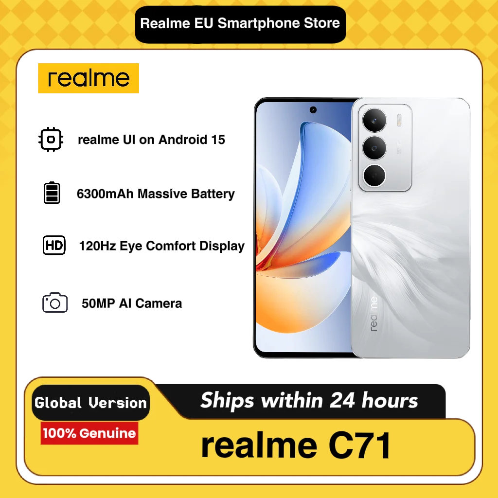 realme C71, 6+128 Go/8+256 Go, processeur UNISOC T7250 Octa-Core, appareil photo IA 50 MP, écran confortable pour les yeux de 6,67 pouces 120 Hz, batterie massive de 6000 mAh