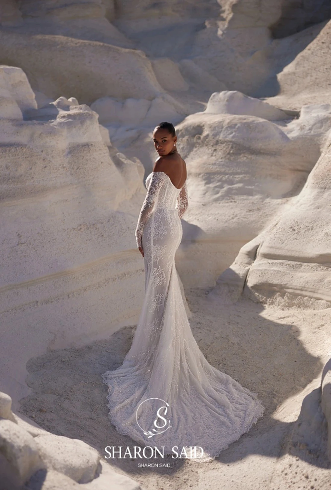 Sharon Said 2025 Elegante Zeemeermin Off White Kant Trouwjurken Corset Lange Mouw Sweetheart Hof Trein Jurken SW236 Aangepaste