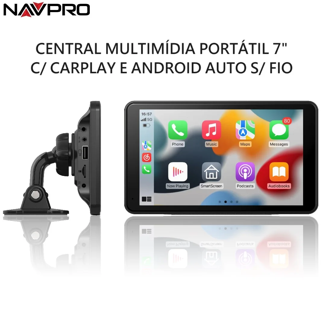 Central Multimidia Portatil 7 polegadas com suporte a Carplay / Android Auto sem fio, entrada SD CARD e AUX - NAVPRO