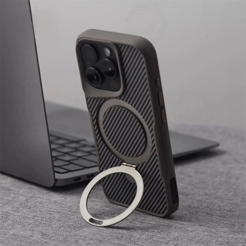 Luksusowe etui z ramką odporną na wstrząsy, kompatybilne z MagSafe, do iPhone 13 15 12 14 16 17 18 Pro Max, z metalowym uchwytem i wzorem z włókna węglowego. — zdjęcie produktu 7