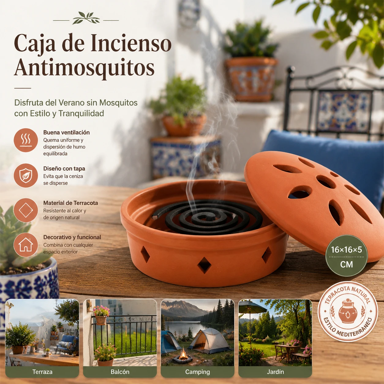 Support en céramique terracotta pour spirales anti-moustiques avec couvercle anti-cendres, ensemble complet avec 2 spirales et support métallique, idéal pour terrasse, camping et jardin.