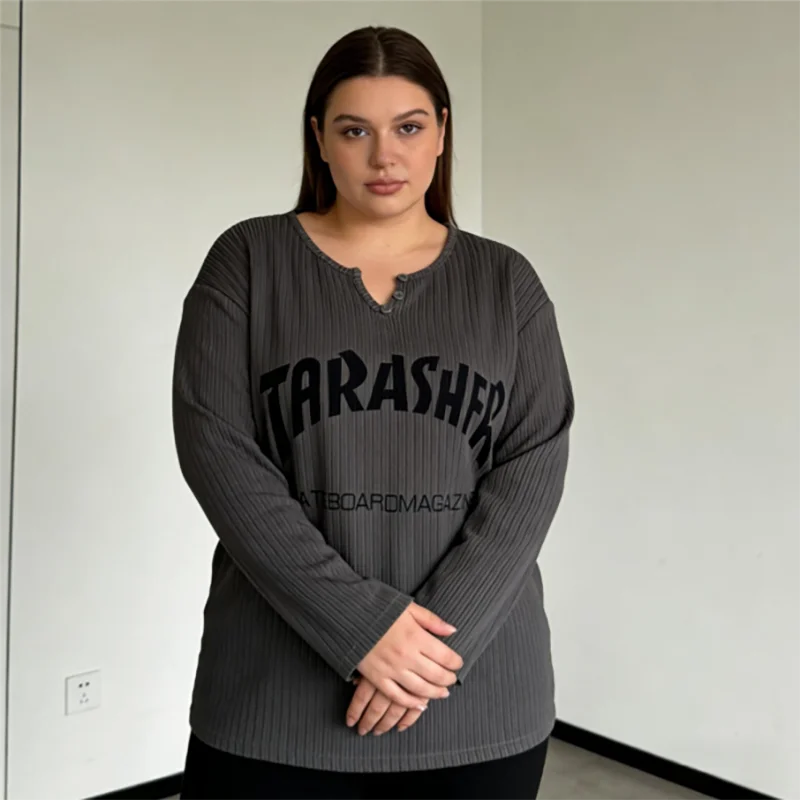 تي شيرت كبير الحجم مطبوع عليه لوح التزلج بأكمام طويلة على الطراز الكوري سترة فضفاضة 50-150 كجم ملابس خروج غير رسمية للسيدات #6