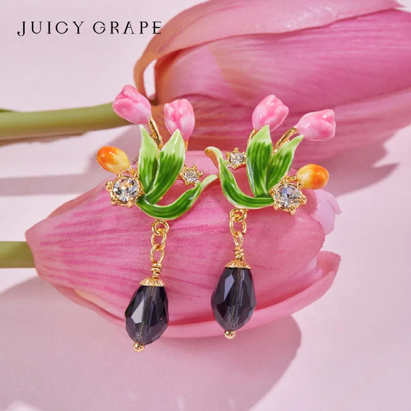 

JUICY GRAPE Enamel Drop Earrings For Women Copper Plated 18K Gold S925 Silver Pin NICKEL FREE Allergy-free Artifical Zircon