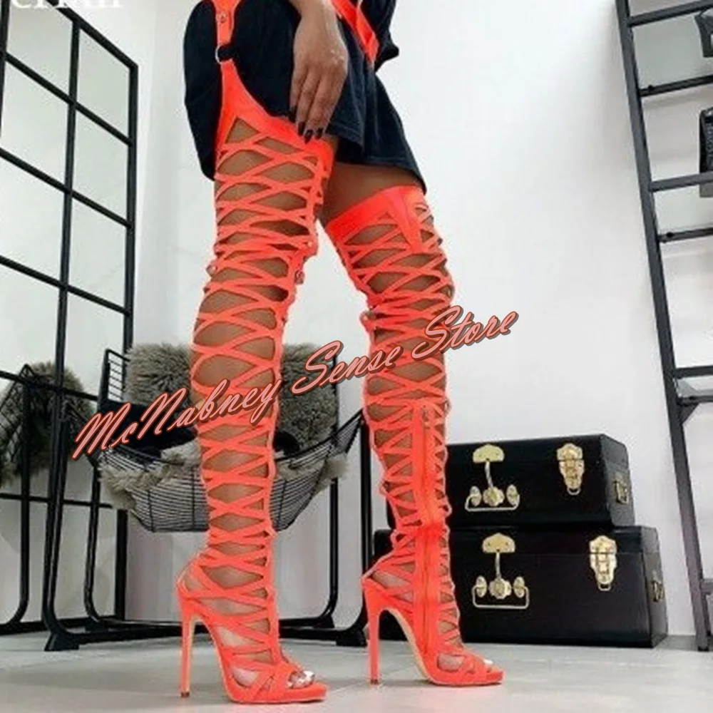 

Sexy Mesh Thigh High Sandals Hollow Solid Peep Toe Women Runway Shoes Stiletto Heels Side Zipper Big Size Sandals Summer Party