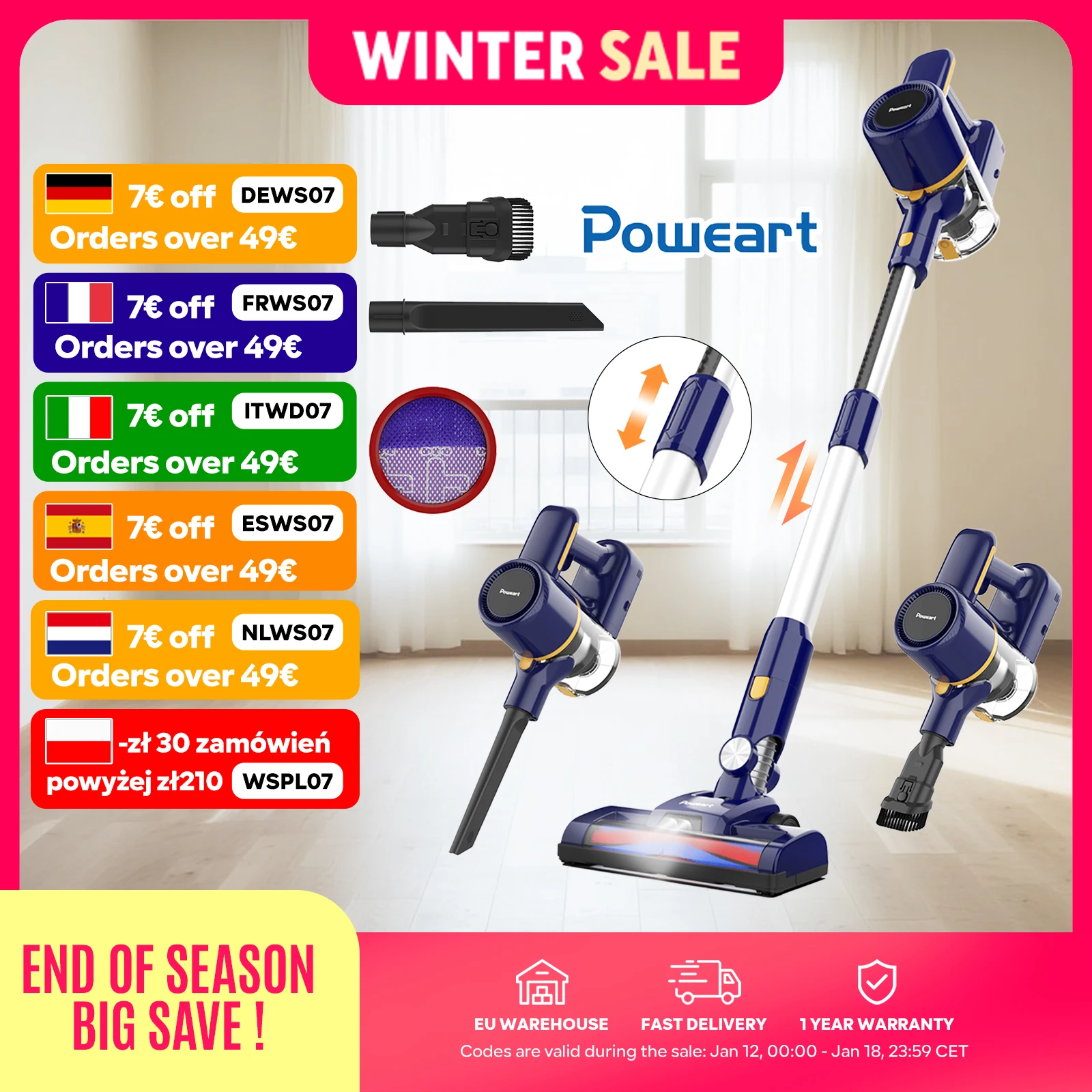 Aspirapolvere senza fili, 55KPa, 2 modalità di funzionamento, batteria, per peli di animali, moquette, pavimenti duri