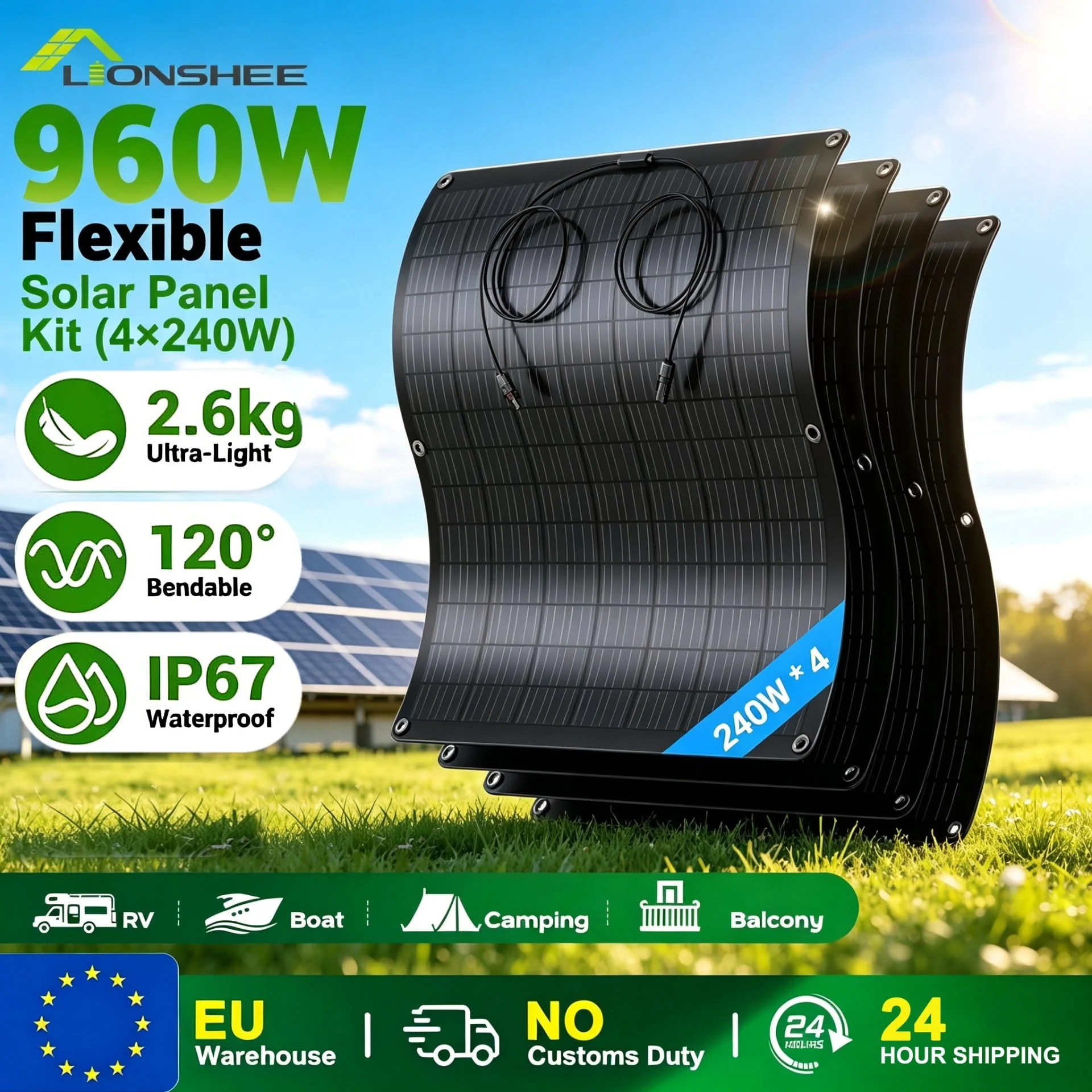 Kit pannelli solari flessibili LIONSHEE da 960W (4 pannelli da 240W): ultraleggeri, curvabili fino a 120°, ideali per sistemi solari fai-da-te da balcone, camper, barche e campeggio.