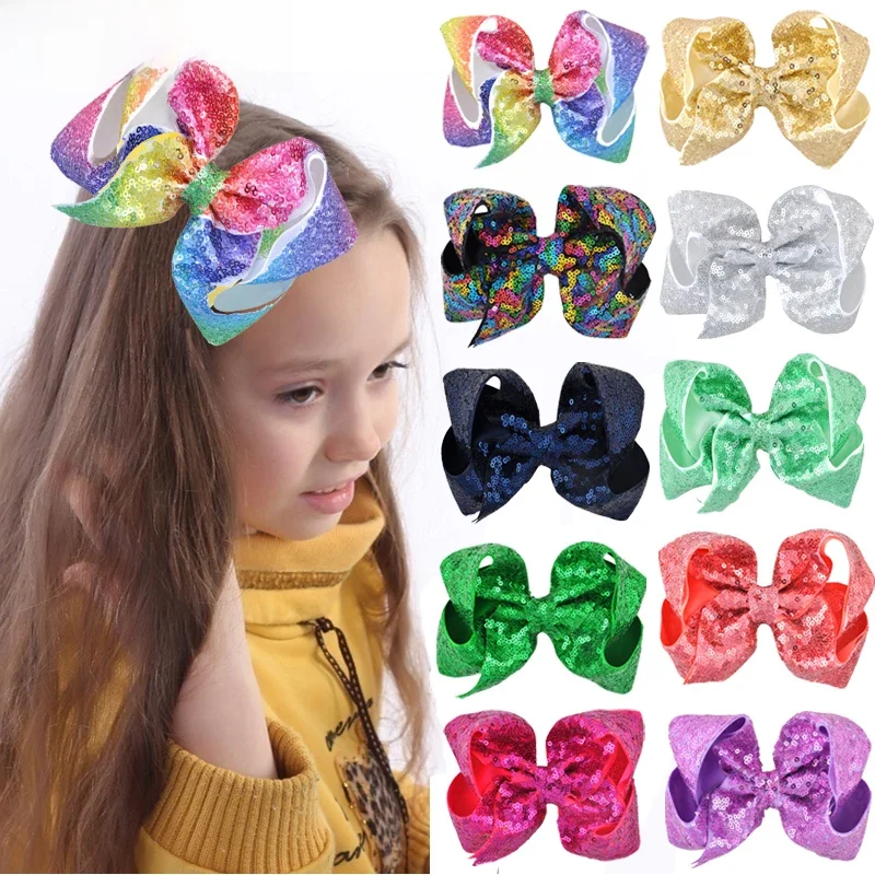 Duże kokardy do włosów z cekinami, wstążka grosgrain, klipsy aligatorowe, spinki dla dziewczynek, kolorowe kokardki, akcesoria do włosów, 6 cali/8 cali. — zdjęcie 2