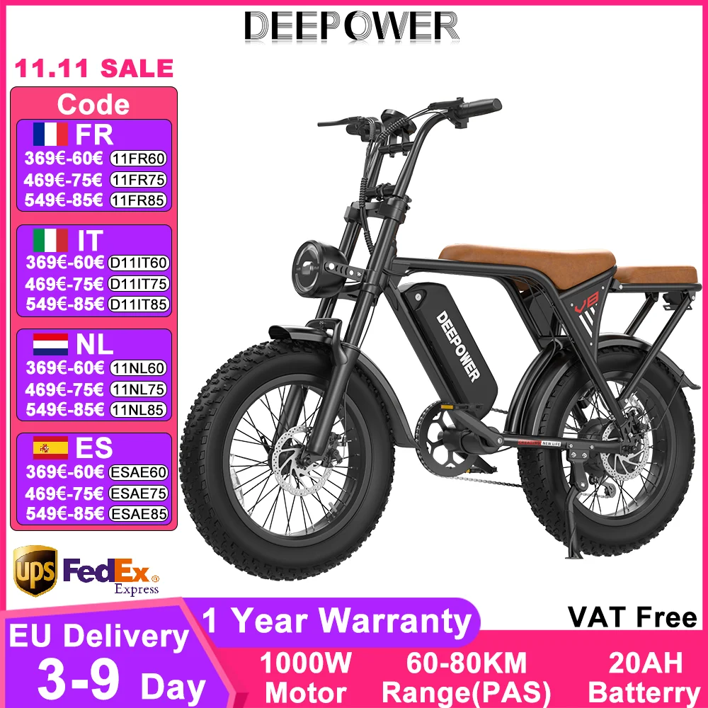 DEEPOWER V8 vélo électrique 1000W 48V 25AhBattery 20 "gros pneu adulte vélo électrique affichage LED montagne tout-terrain banlieue Ebike