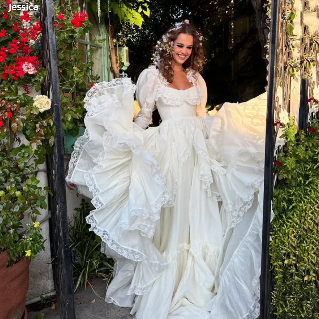 

Джессика Sweet Princess Вечерние платья с длинными рукавами Белые платья для выпускного вечера Кружевные многослойные вечерние платья Vestidos De Gala по индивидуальному заказу