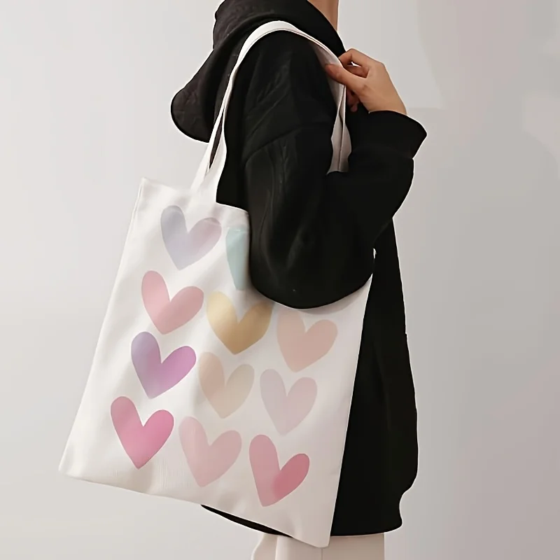 1 Piece of Fashionable Cartoon Heart Canvas Shoulder Bag, Lightweight Foldable Tote Bag with Fixed Shoulder Strap, Reusable Shopping Bag, Perfect Gift for Commuting, Traveling, Shopping, School, and Holidays