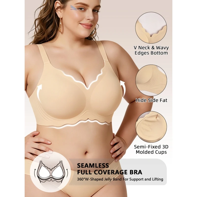 Women's Seamless Push-Up Jelly Bra Soft Support Wavy Design Anti-Sagging Plus Size Underwear