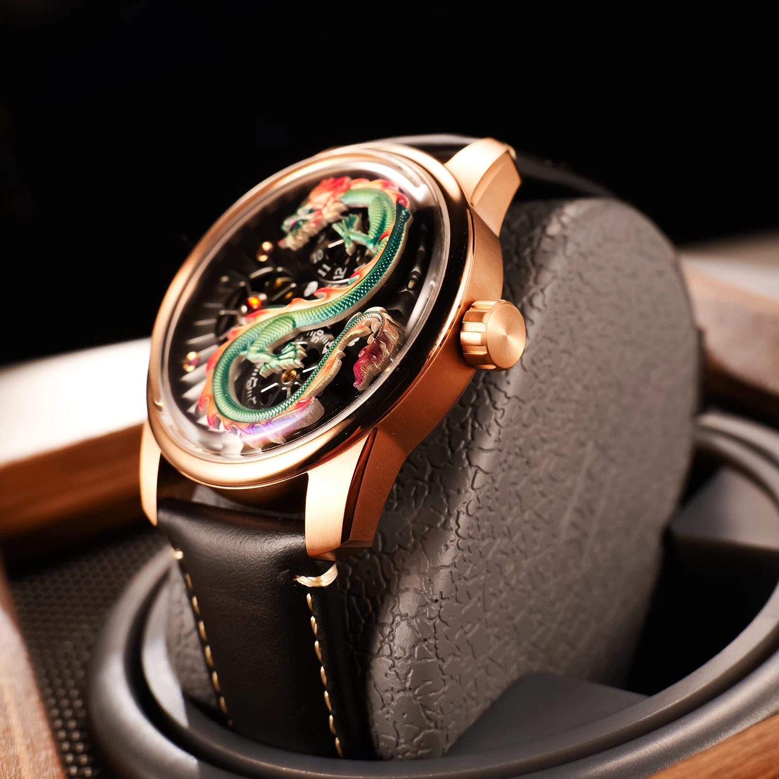 OBLVLO Luxury Rose Gold Green Dragon Mechanical Automatic Watch for Men Waterproof Black Leather Claasic Watches Clock JM-DRAGON