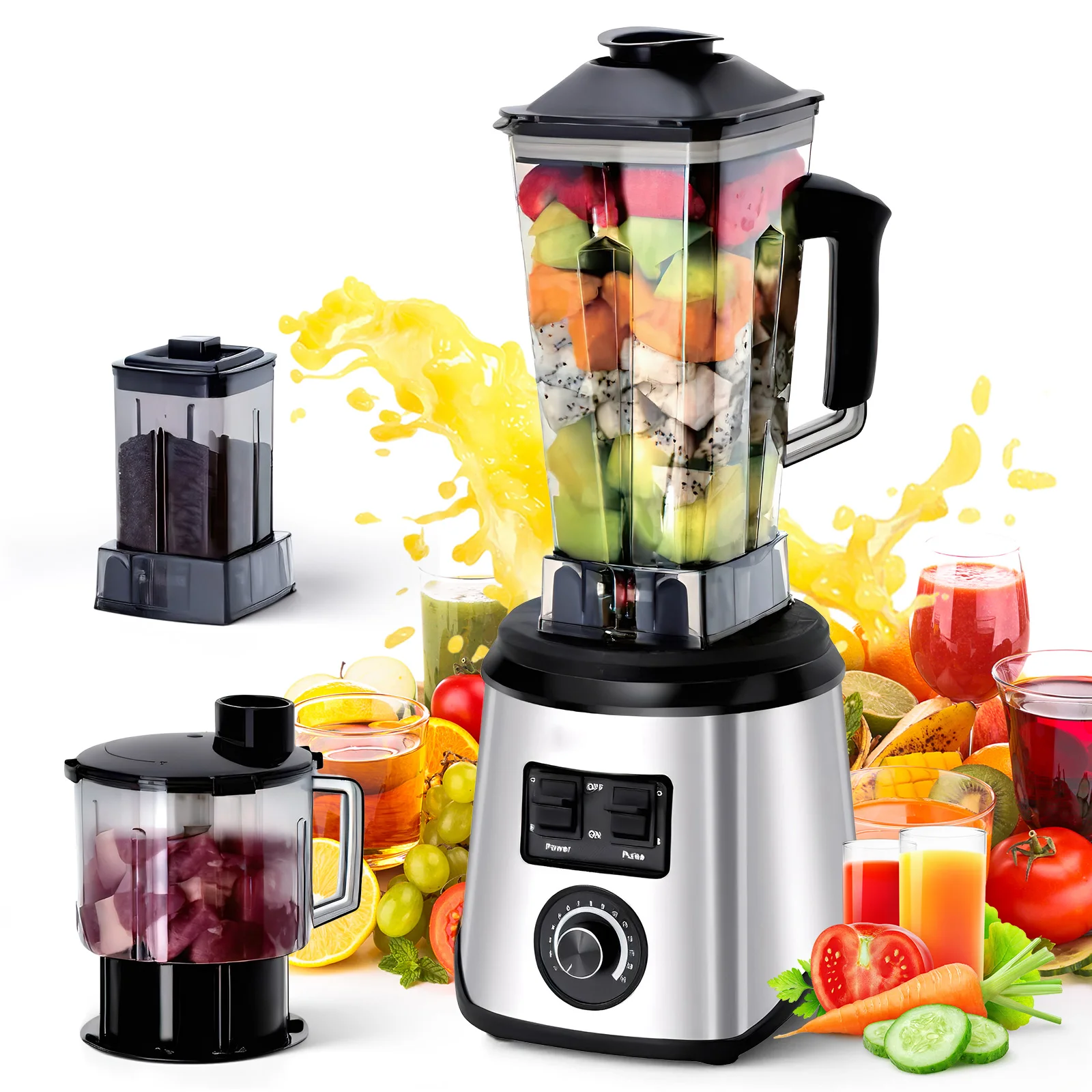 Liquidificador 3 em 1 de Aço Inoxidável com Grande Capacidade para Cortar Legumes, Triturar Gelo, Moer Saladas, Moer Carne e Fazer Sucos