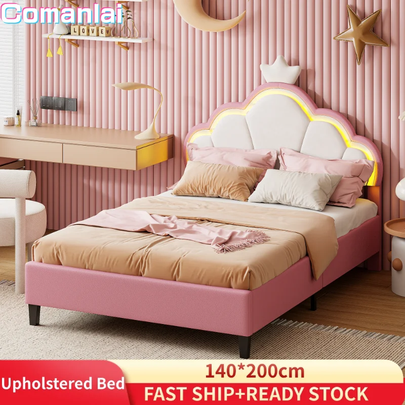 Comanlai Polsterbett für Mädchen, 140 x 200 cm, mit LED, Doppelbett, Prinzessinnenbett, Krone, Samt,