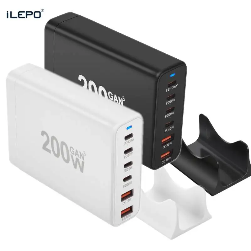 

GaN 200W USB C Charger with 4 Ports USB-C PD 100W and 2 Ports QC18W, Fast Charging Travel Adapter for Laptops Cellphone