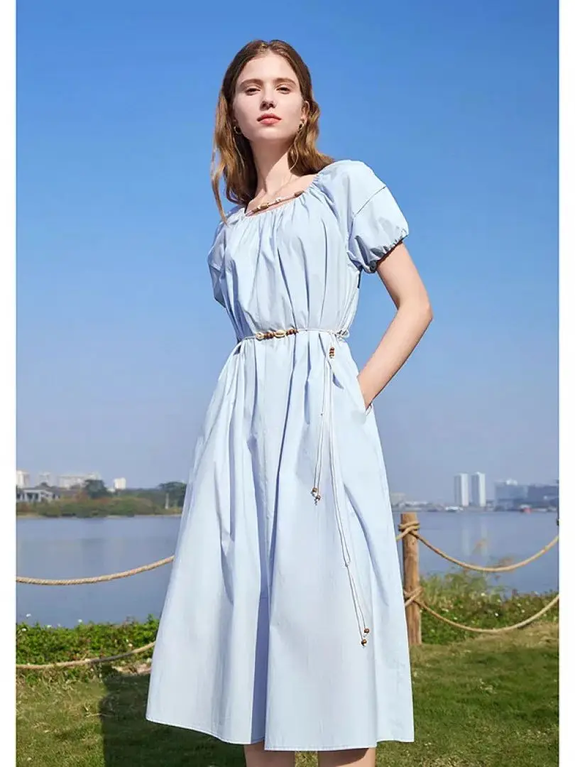 

Casual women's summer lantern sleeve solid color linen dress