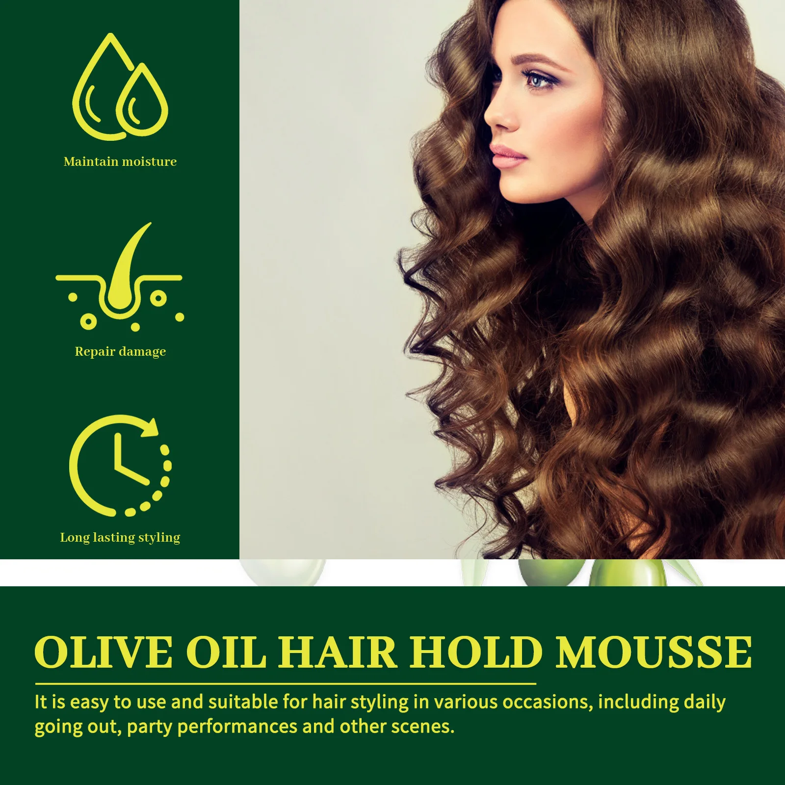 Eelhoe 60ml Olive Oil Hair Styling Mousse Curly Enhancer Tame Frizzy Wave Fluffy Hair Treatment Foam Hydrate Shaping Hair Mousse