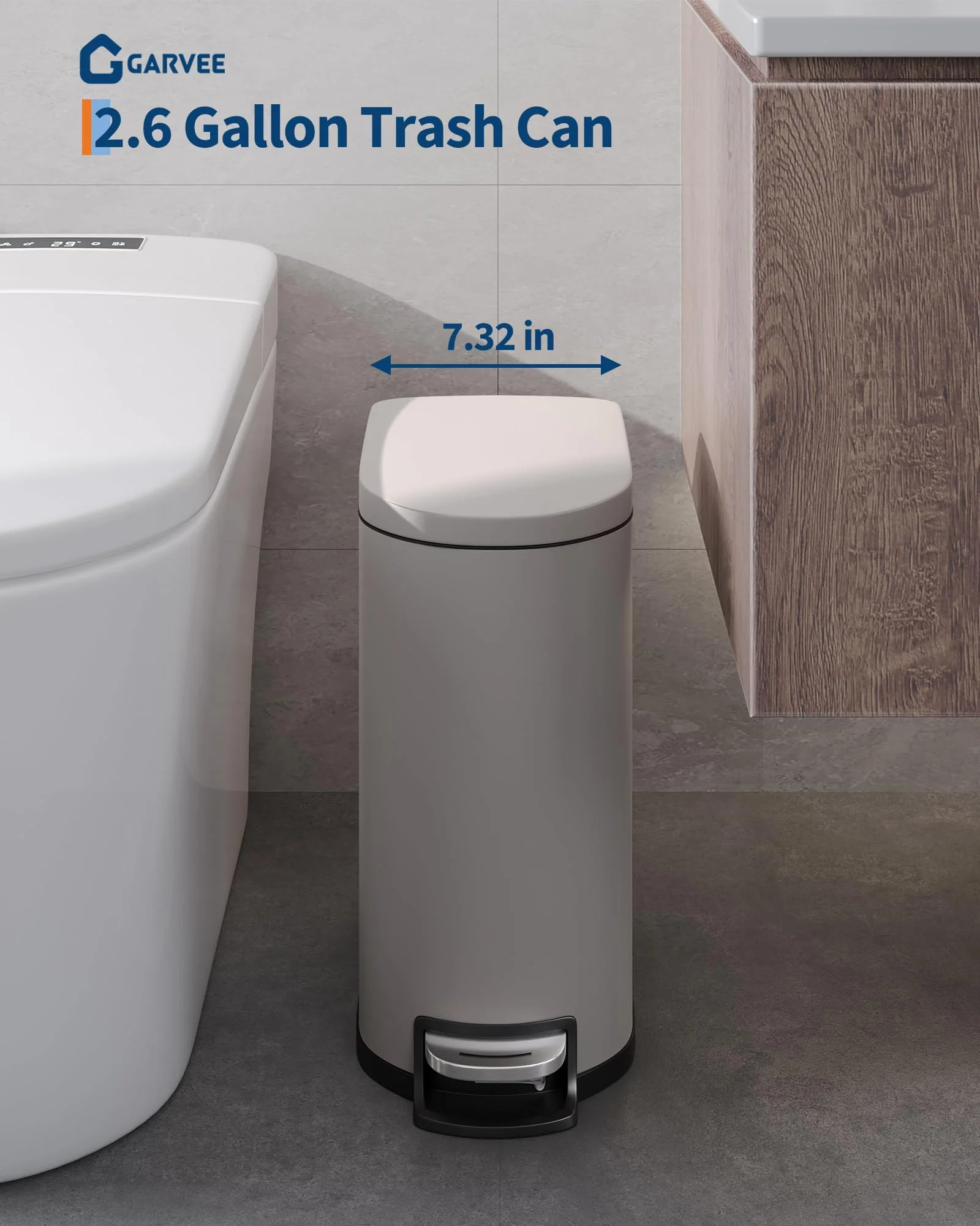 Slimmer Metall-Badezimmermülleimer 10L – Edelstahl-Abfalleimer mit Fußpedal, Geruchskontrolle, Soft-Close-Deckel, herausnehmbarem Inneneimer, wasserdicht, hinterem Griff – Klein für Schlafzimmer, Bad, Büro