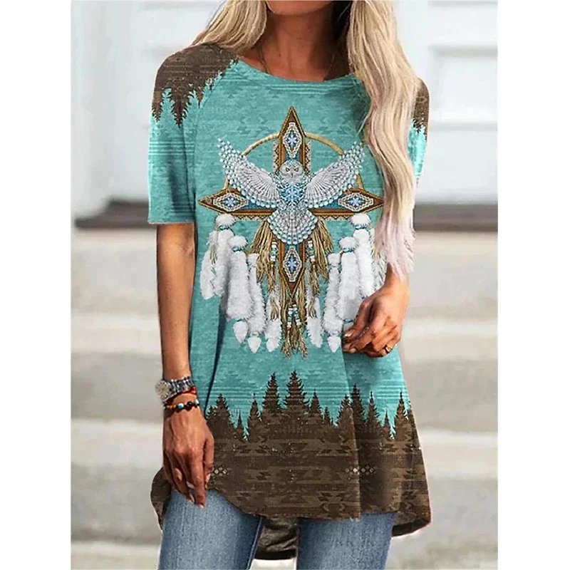 Zachodni aztecki styl etniczny 3D T-shirt z nadrukiem kobiet Streetwear t-shirty z krótkim rękawem Y2K topy kobiety tunika na krótki rękaw szeroka odzież — zdjęcie 2