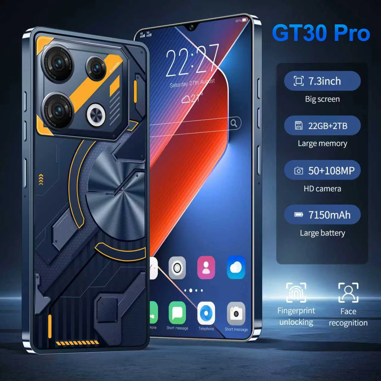 Nuovo marchio originale GT30 Pro 7.3HD Smartphone 4G 5G Dual Sim Cellulari Android 14 Telefono 50 + 108MP 7150mAh cellulari sbloccati