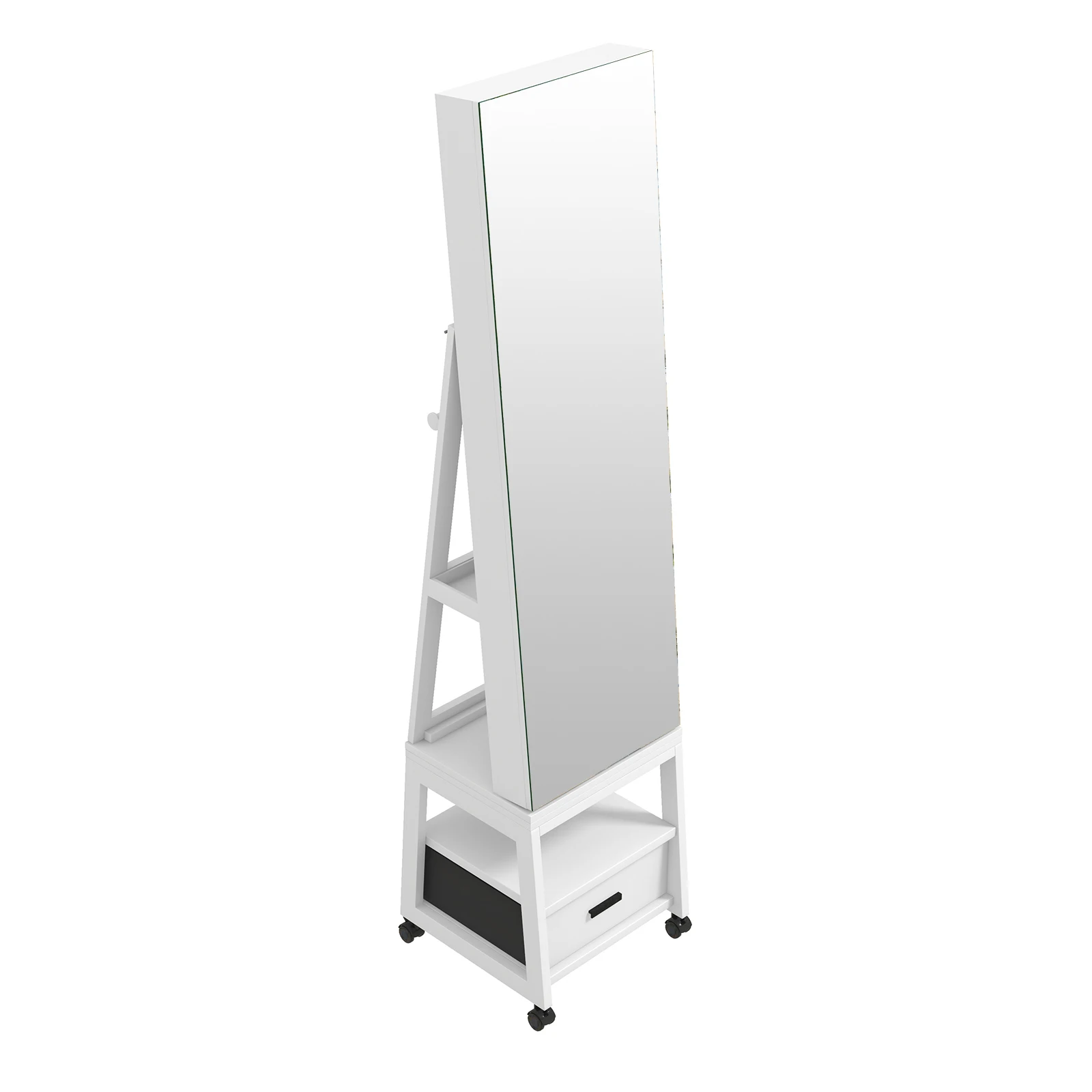 Armadio Portagioielli con Specchio a Figura Intera, 360 ° Organizzatore per Trucchi Bianco Girevole con Serratura di Sicurezza e Ruote Bloccabili, A