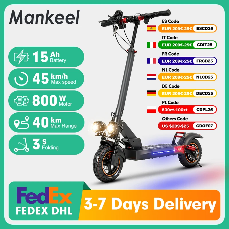 Mankeel MX-14 800W 15AH Scooter électrique 10 "pneu tout-terrain vitesse maximale 45 KM/H portée 30-40KM double absorption des chocs pliable eScooter