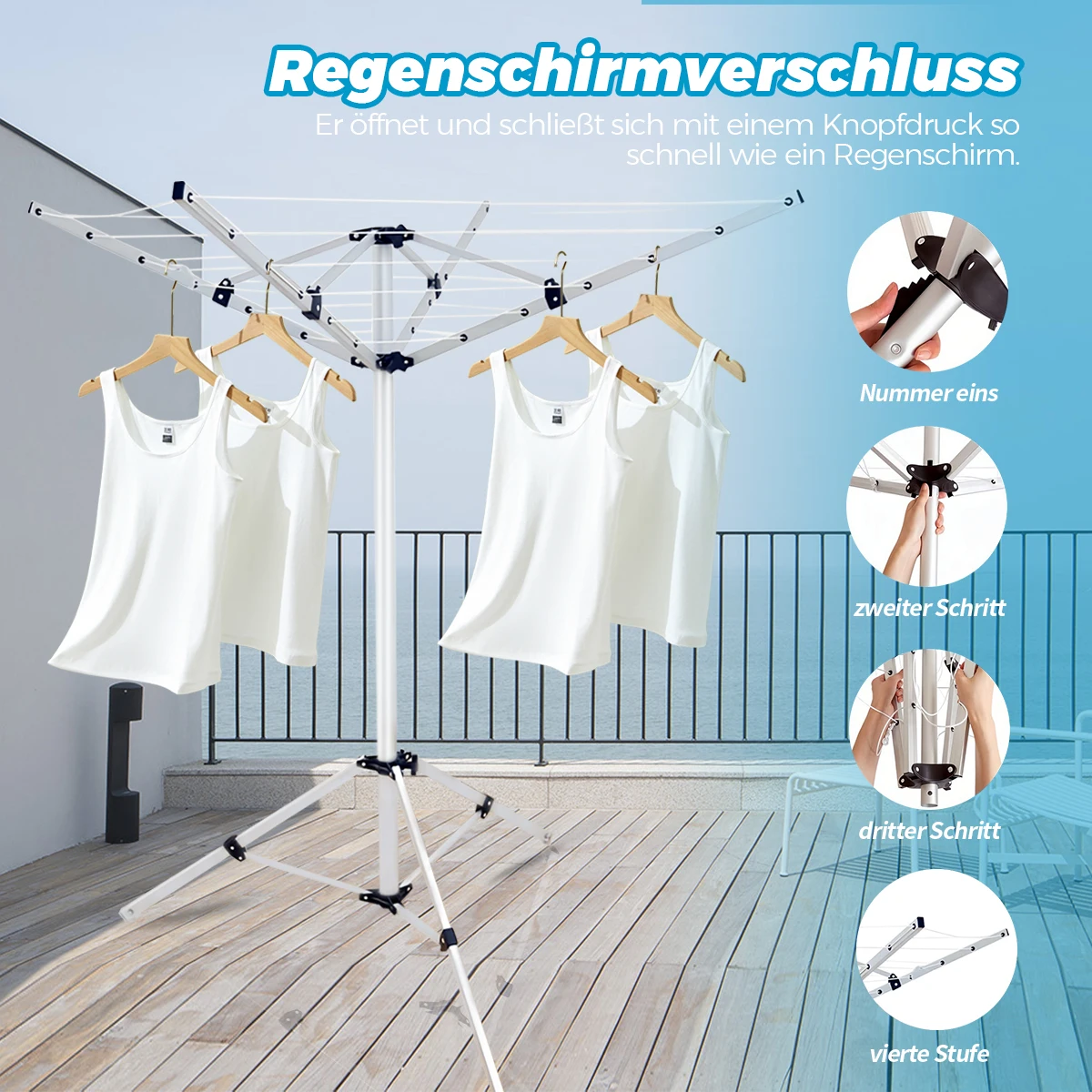 Droogrek in parapluvorm: draagbaar en opvouwbaar, gemaakt van aluminiumlegering; bevat een 15 meter lange waslijn, opbergtas en grondpennen; geschikt voor kamperen, balkons en buitengebruik.