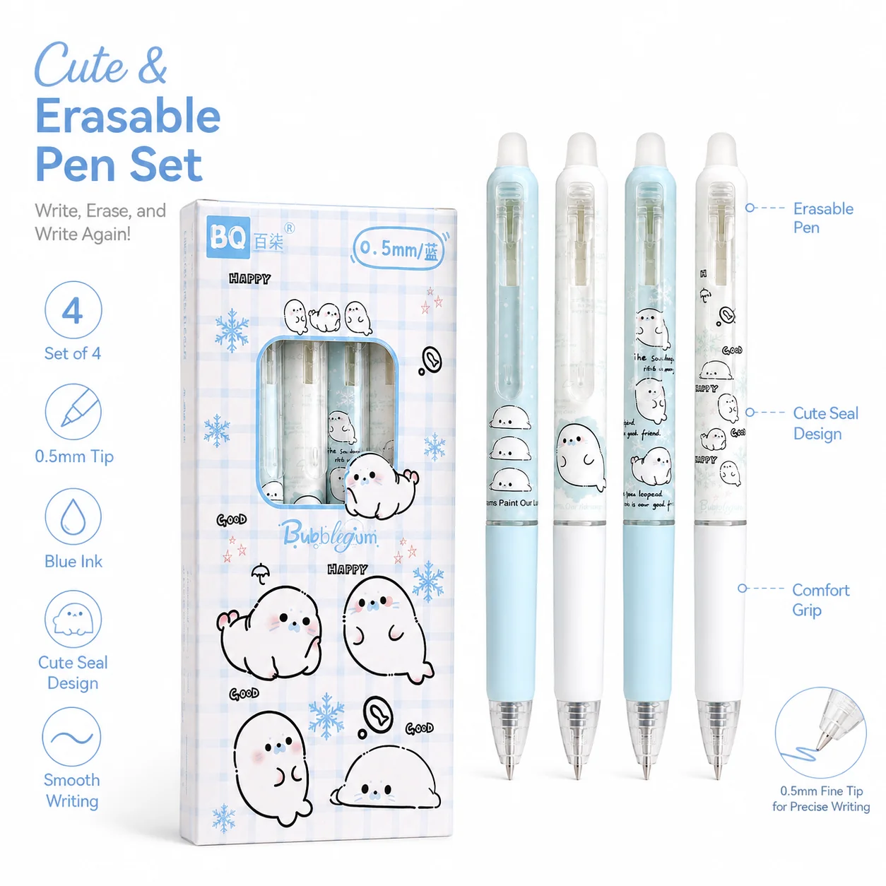 4 pcs/set Kawaii Seal Erasable Gel Pen 0.5mm Blue Black Ink Quick Dry Smooth Retractable Writing Pens School Office Stationery