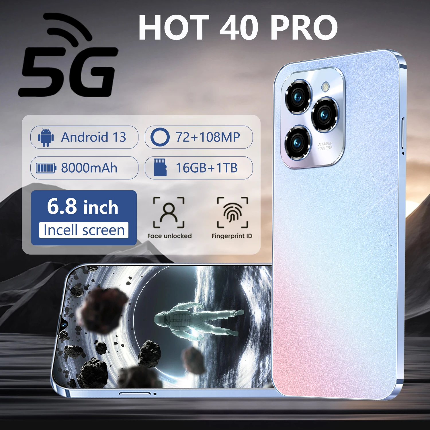 

Global Version Mobile Phones Hot 40 Pro Smartphone 5G 6.8 '' Full Screen Cellphones Unlocked 16TB+1TB 8000mAh 108MP Celulares