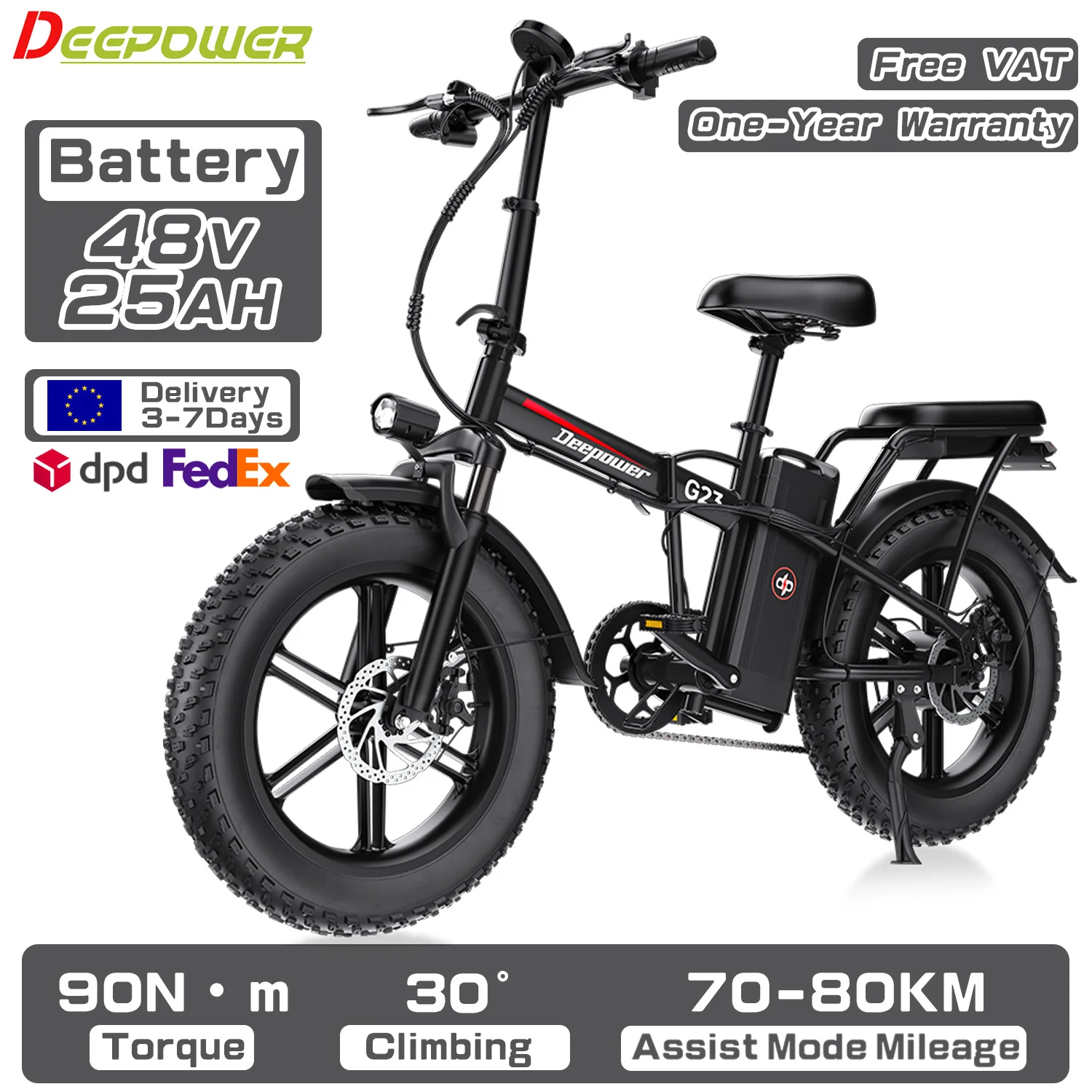 DEEPOWER G23 Opvouwbare Elektrische Fiets voor Volwassenen, 90Nm Koppelmotor, 48V 35Ah LG Accu, Mechanische Schijfremmen, 20×4.0 Fat Tires, All-Terrain E-Bike met Groot Bereik