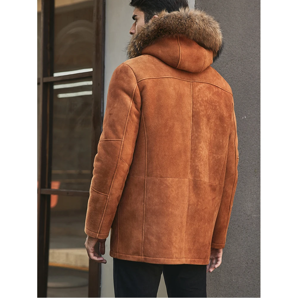 Denny&Dora New Mens Shearling Jacket Long Fur Coat Hooded Sheepskin Coat Orange Leather Jacket