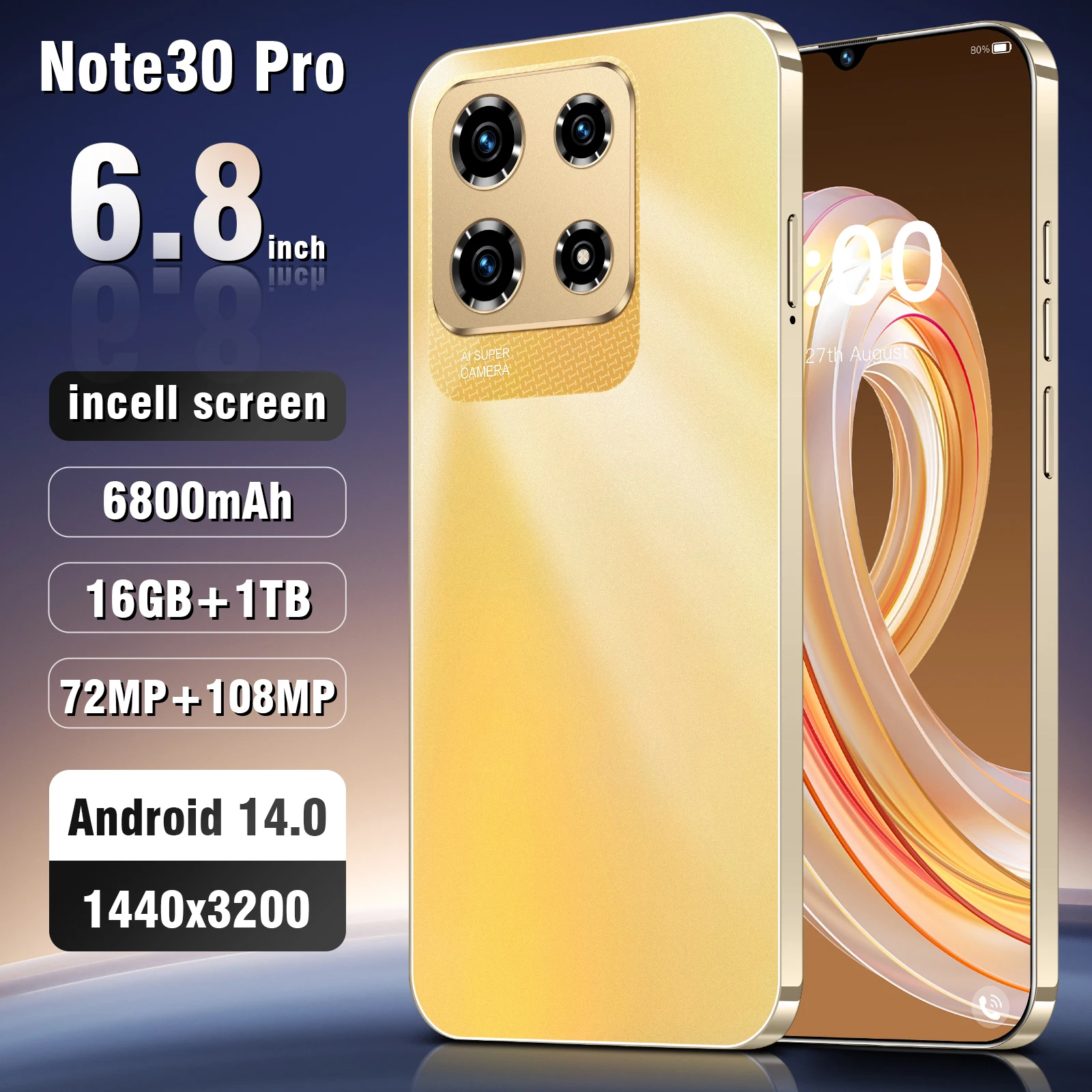 2024 NEW Note 30 Pro Smartphone Qualcomm8 Gen 2 16G+1TB 6800mAh 50+108MP 4G/5G Network Cellphone Android Mobile Phone