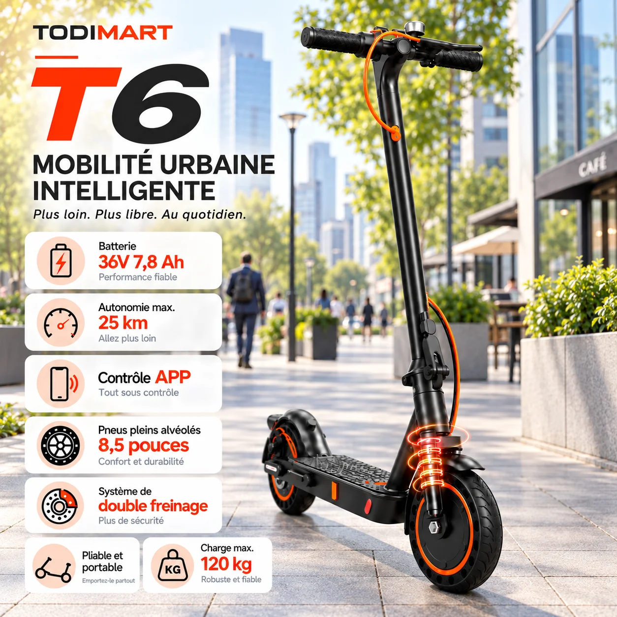 Monopattino Elettrico Pieghevole per Adulti Todimart T6, 24,9 Km/h, Sospensione Anteriore a Molla, App Intelligente, Batteria 36V 7,8Ah, Autonomia 25 Km, Pneumatici Solidi a Nido d'Ape da 8,5 Pollici,